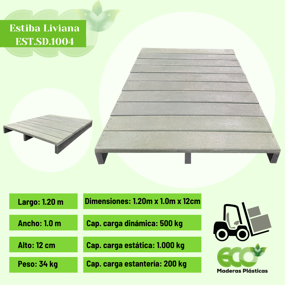 Estiba plástica liviana, Dimensiones: 1.20m(largo) x 10m(ancho) x 12cm(alto), peso: 34kg